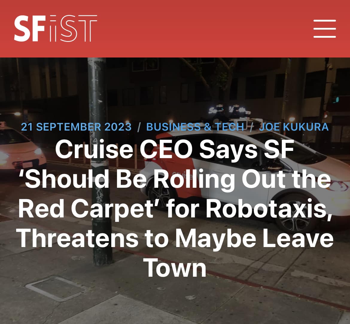 The meme is a screenshot of a news article from SFist, a San Francisco-focused news site. The article's headline reads: "SFist: 'I'm Not Going Anywhere' Says SF Mayor, But He's Not Saying That".